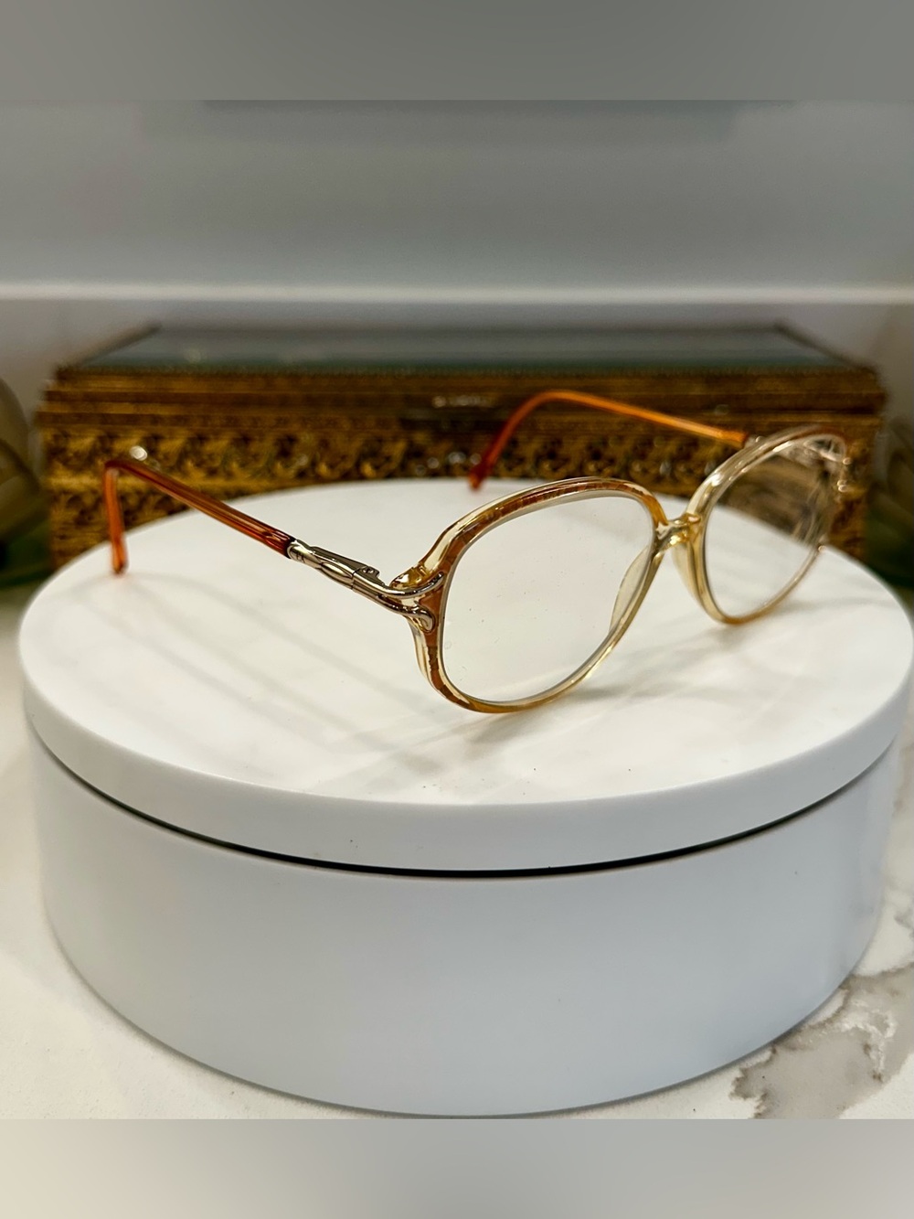 VTG Elizabeth Arden Orange & Gold Rounded Oval Patterned Rx Eyeglass Frames EUC